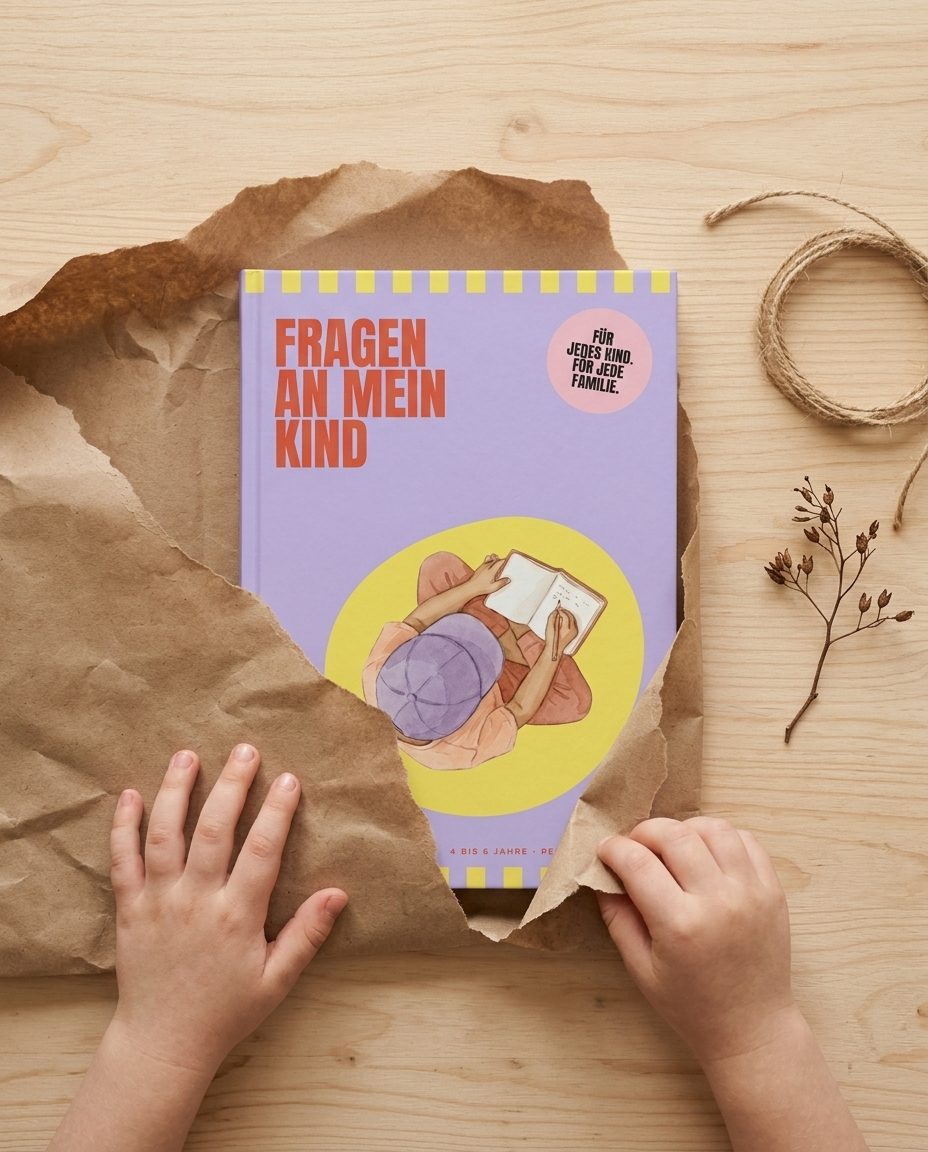 Kinderhände packen das Merkbuch aus