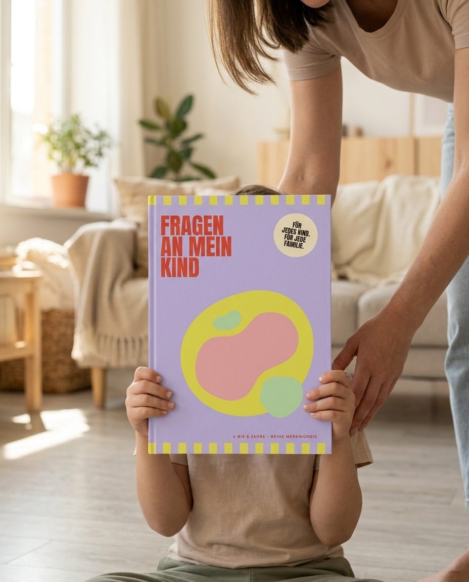 Kind hält das Merkbuch hoch, die Mutter dahinter
