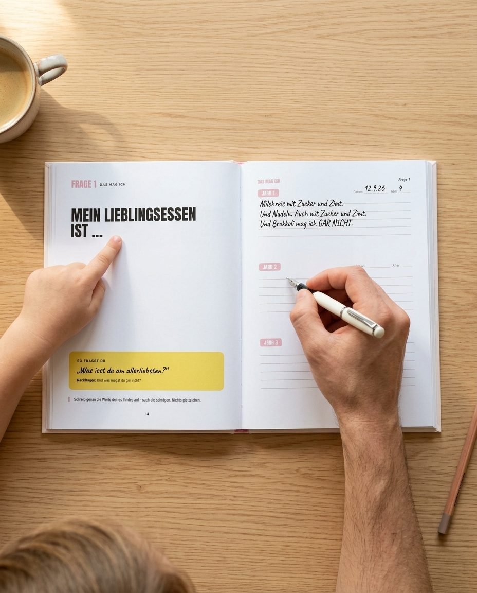 Aufgeschlagenes Buch, zwei Hände tragen ein